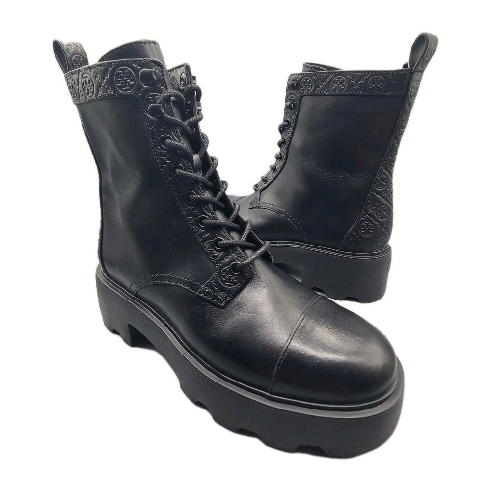Tory Burch Women's BOOTS Combat  Black leather  T Monogram Lug Ankle  Sz 8.5 NEW - Picture 2 of 11